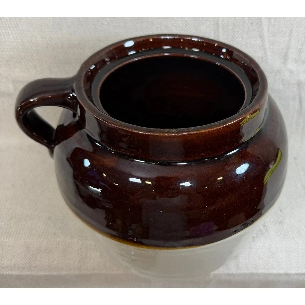 Vintage 2 Tone Stoneware Bean Pot Brown Cream Crock Star Mark 2 Farmhouse Decor